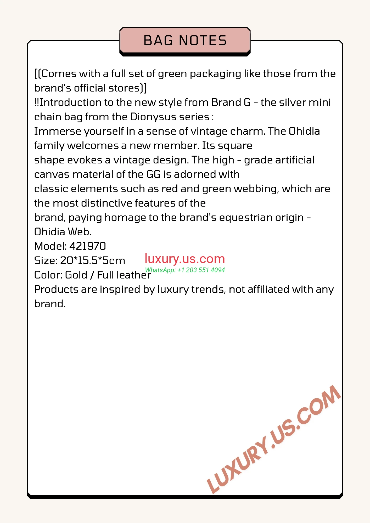 GUCCI Dionysus G421970 Gold 20cm 20x15.5x5 cm Silver, Red, Green, Gold - Replica Bag high-quality replicas, exquisite design, perfect details.