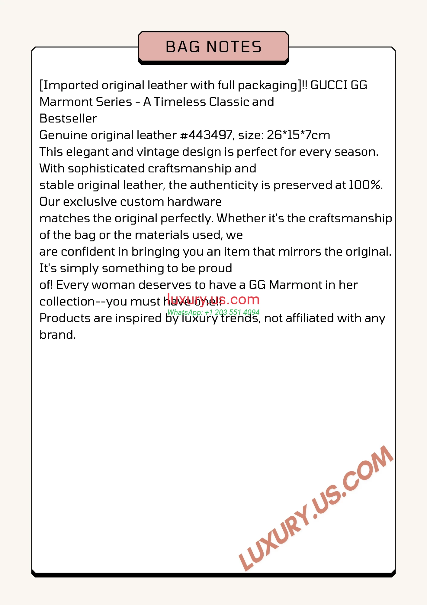 GUCCI GG Marmont G443497 Almond 26cm 26x15x7 cm - Replica Bag high-quality replicas, exquisite design, perfect details.