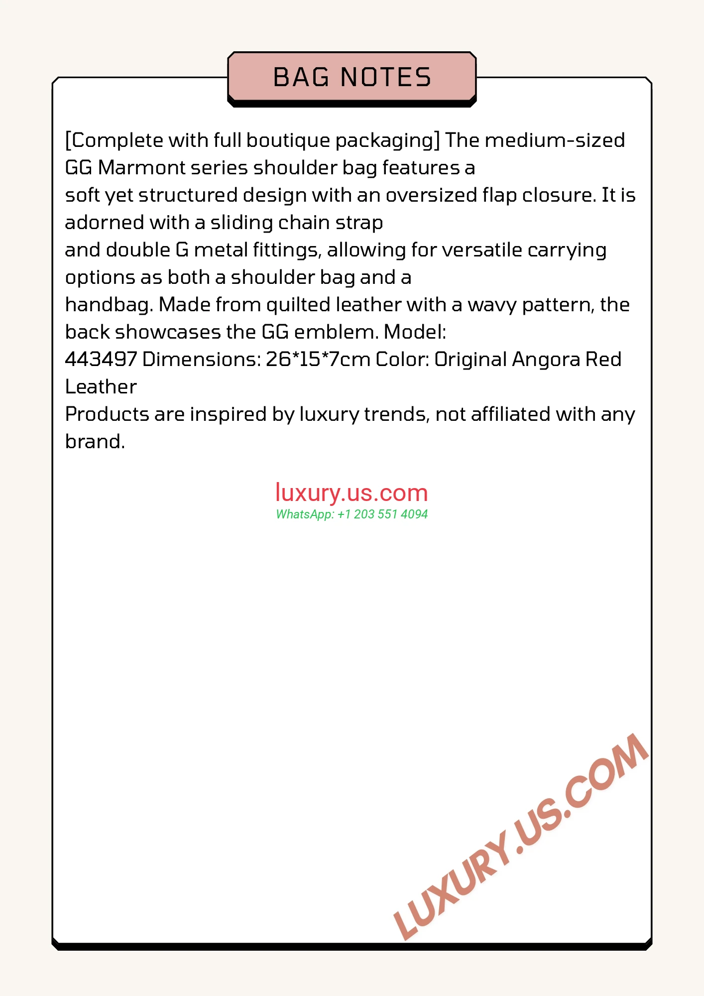 GUCCI GG Marmont G443497 Anchor Red 26cm 26x15x7 cm Original Angora Red Leather - Replica Bag high-quality replicas, exquisite design, perfect details.