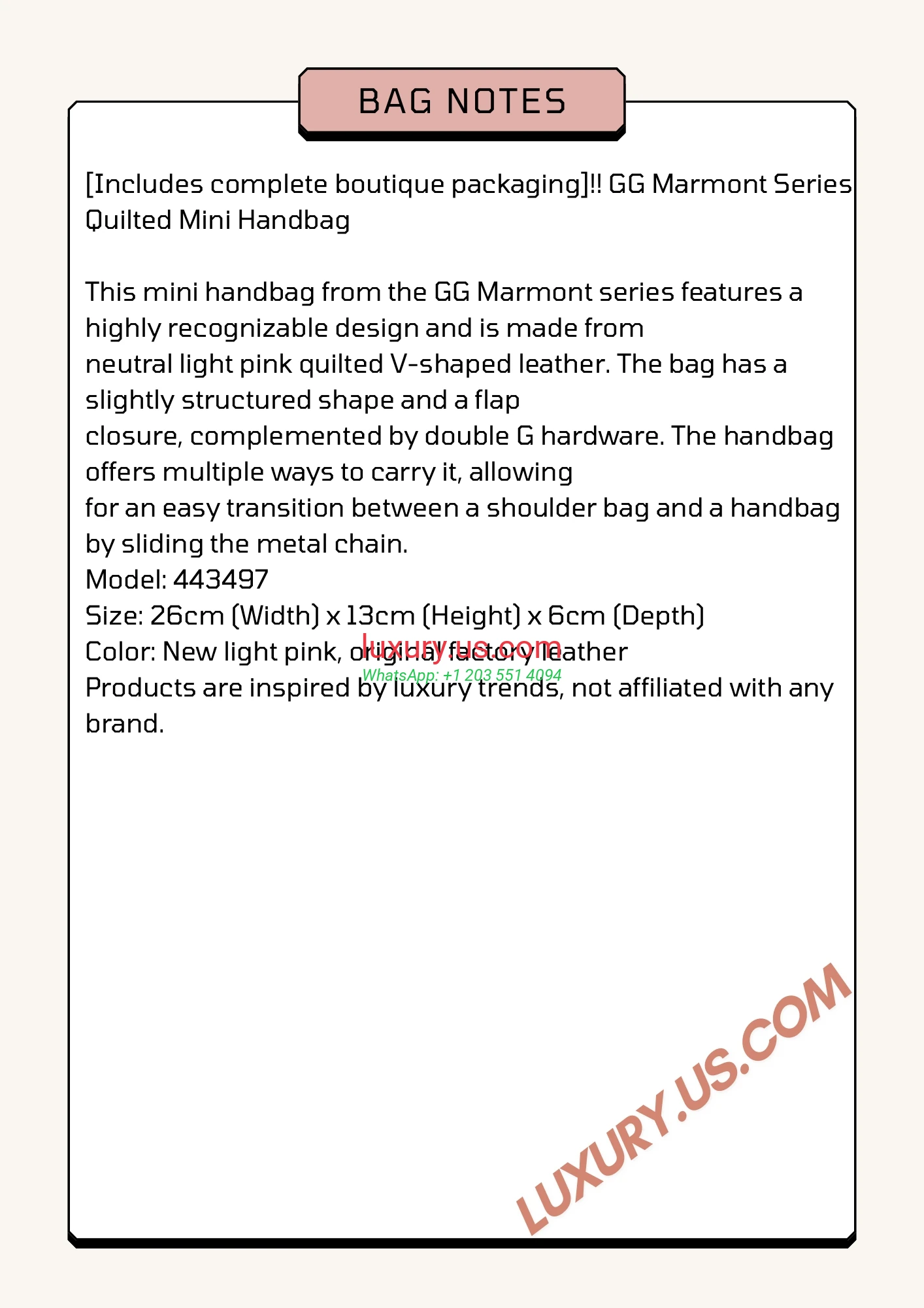 GUCCI GG Marmont G443497 Light Pink 26cm 26x13x6 cm New light pink - Replica Bag high-quality replicas, exquisite design, perfect details.