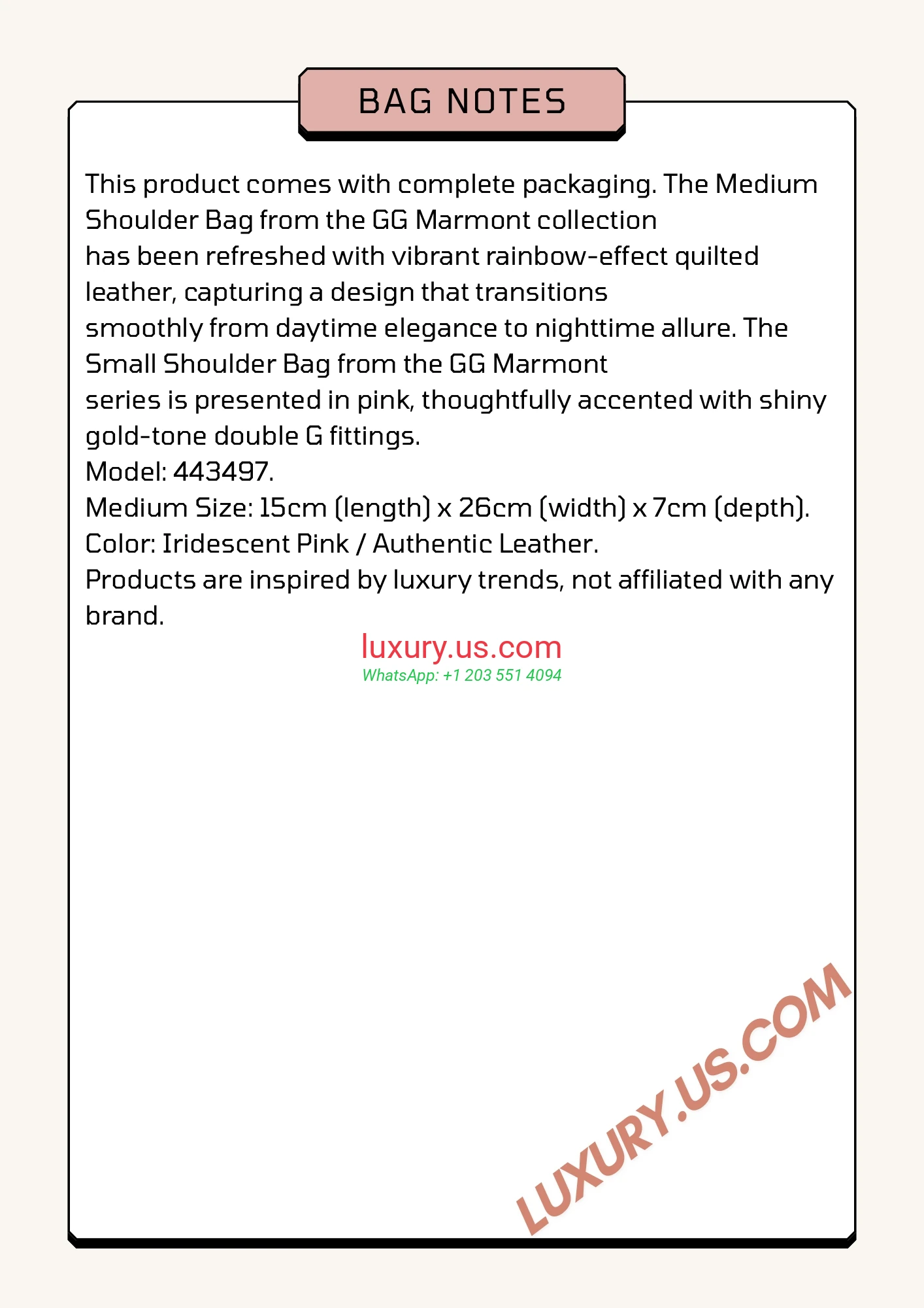 GUCCI GG Marmont G443497 Pink 26cm 15x26x7 cm Iridescent Pink - Replica Bag high-quality replicas, exquisite design, perfect details. GUCCI GG Marmont G443497 Pink 26cm 15x26x7 cm Iridescent Pink - Replica Bag high-quality replicas, exquisite design, perfect details.