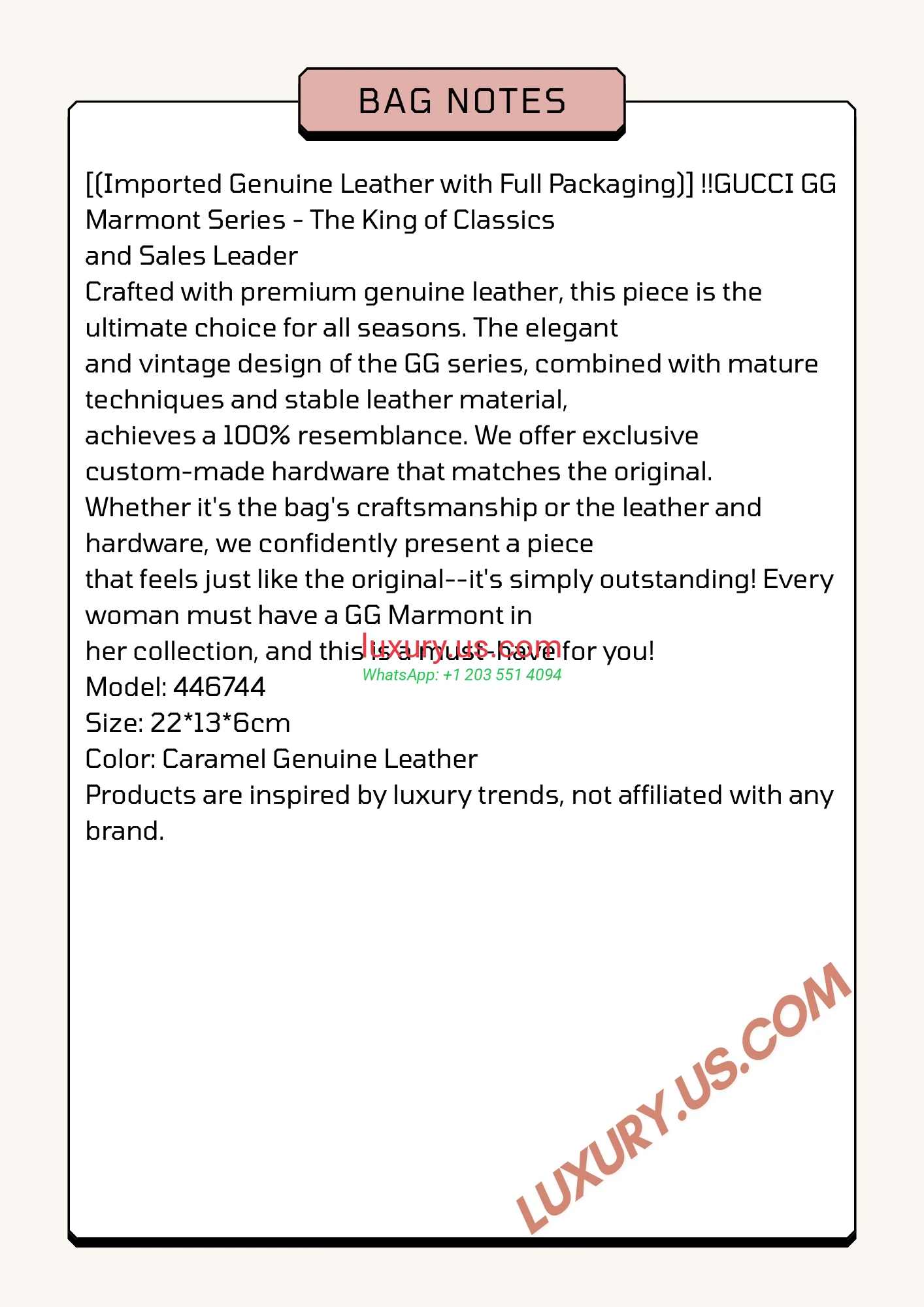 GUCCI GG Marmont G446744 Caramel 22cm 22x13x6 cm Caramel Genuine Leather - Replica Bag high-quality replicas, exquisite design, perfect details.