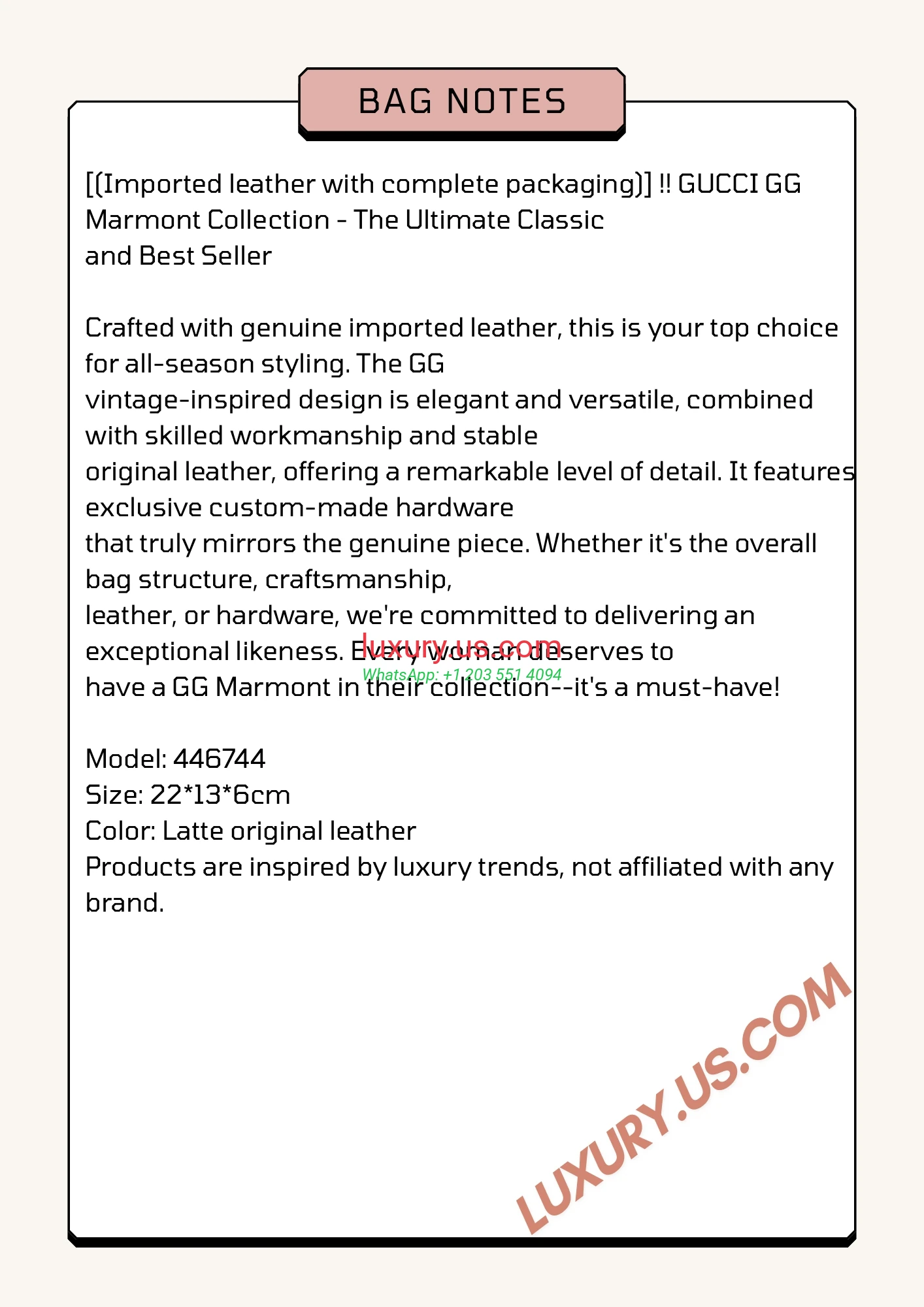 GUCCI GG Marmont G446744 Milk Tea 22cm 22x13x6 cm Latte original leather - Replica Bag high-quality replicas, exquisite design, perfect details.