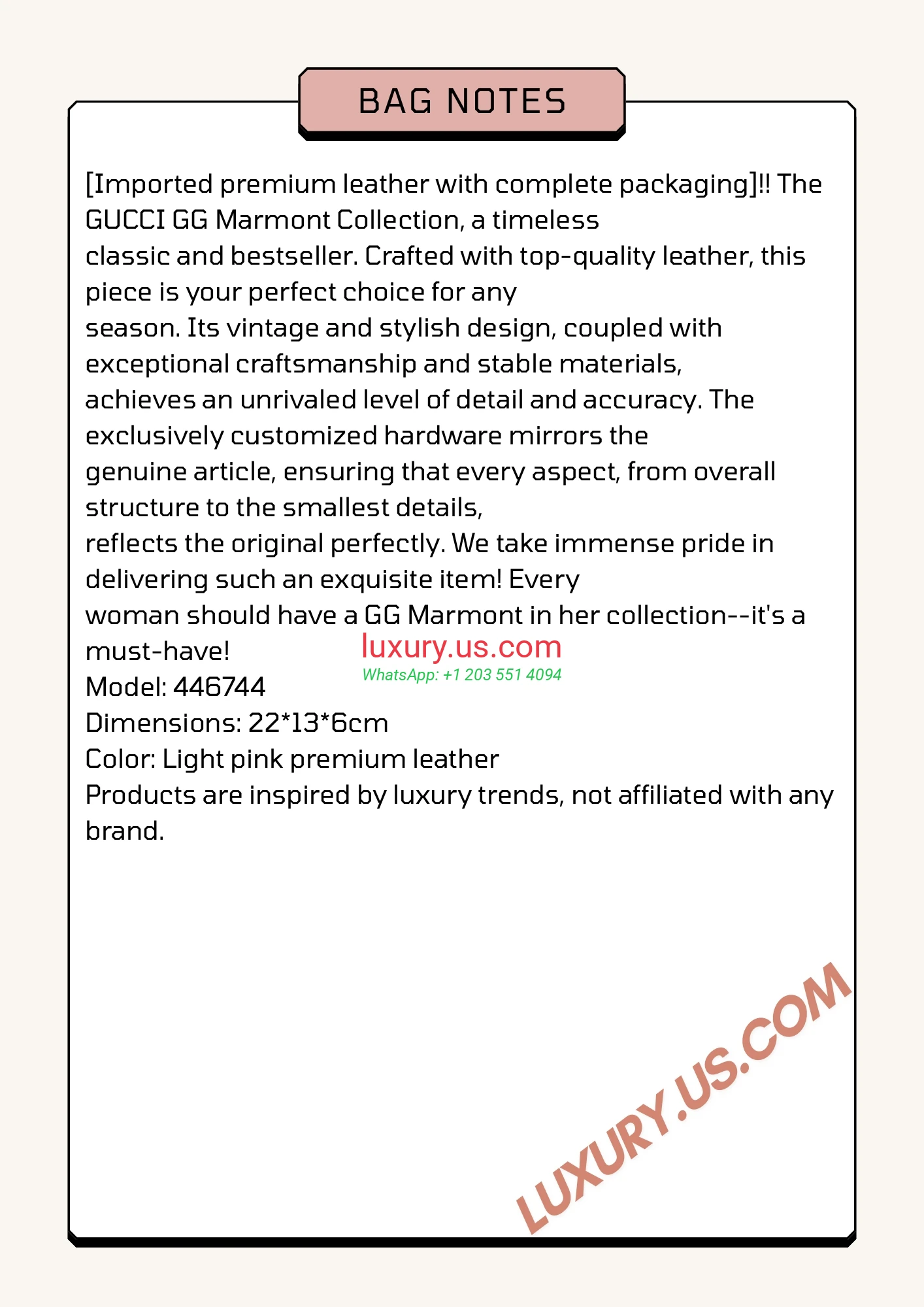 GUCCI GG Marmont G446744 Pink 22cm 22x13x6 cm Light pink - Replica Bag high-quality replicas, exquisite design, perfect details.