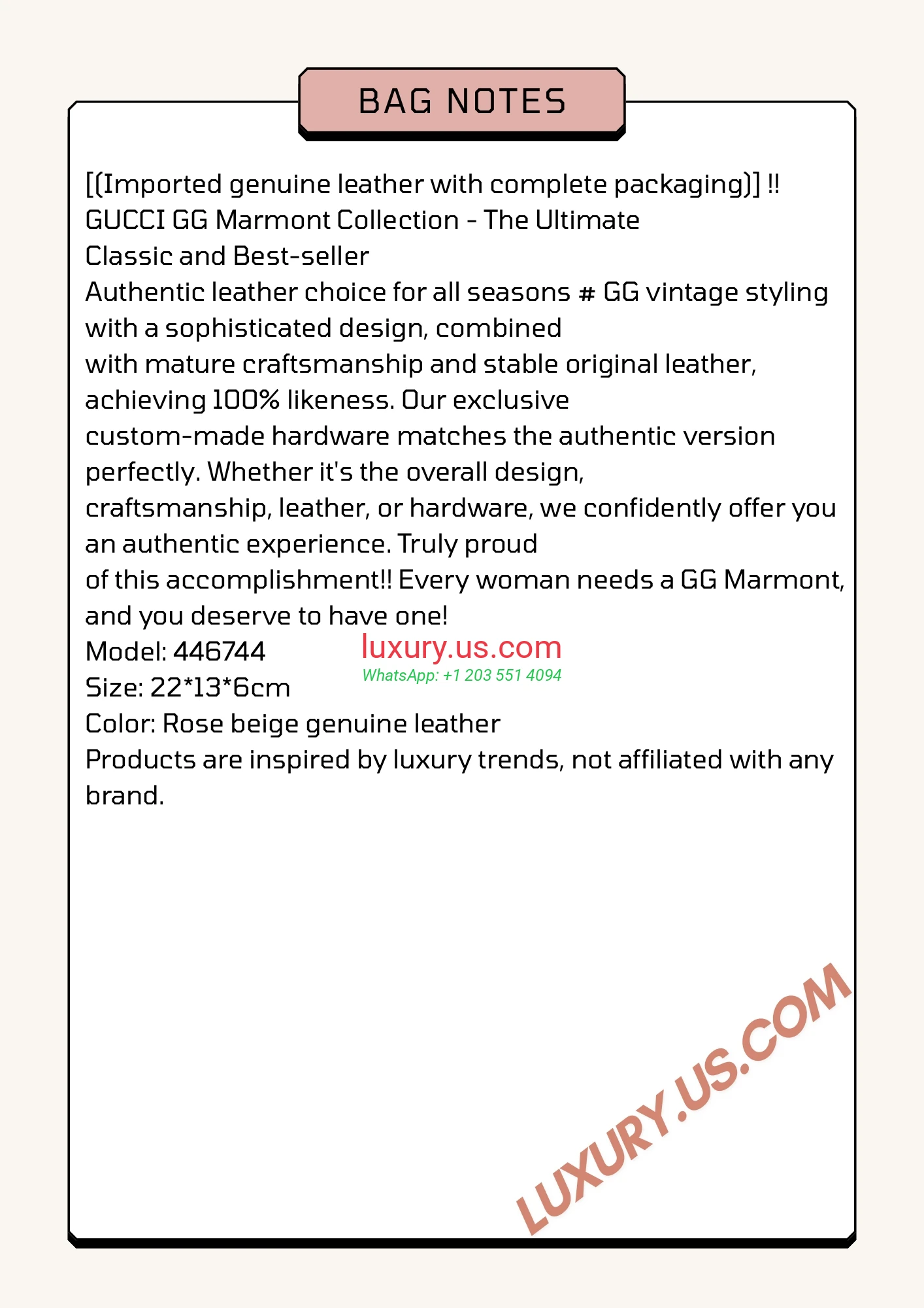 GUCCI GG Marmont G446744 Rose Beige 22cm 22x13x6 cm Rose beige genuine leather - Replica Bag high-quality replicas, exquisite design, perfect details.