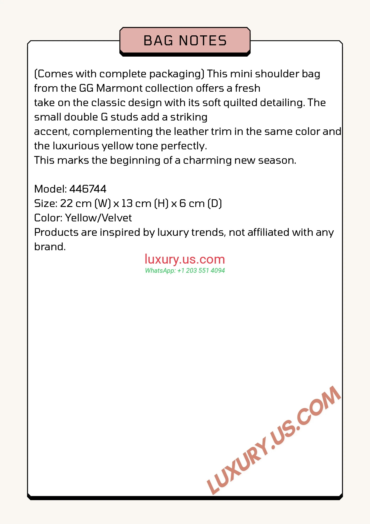 GUCCI GG Marmont G446744 22x13x6 cm Yellow/Velvet - Replica Bag high-quality replicas, exquisite design, perfect details.