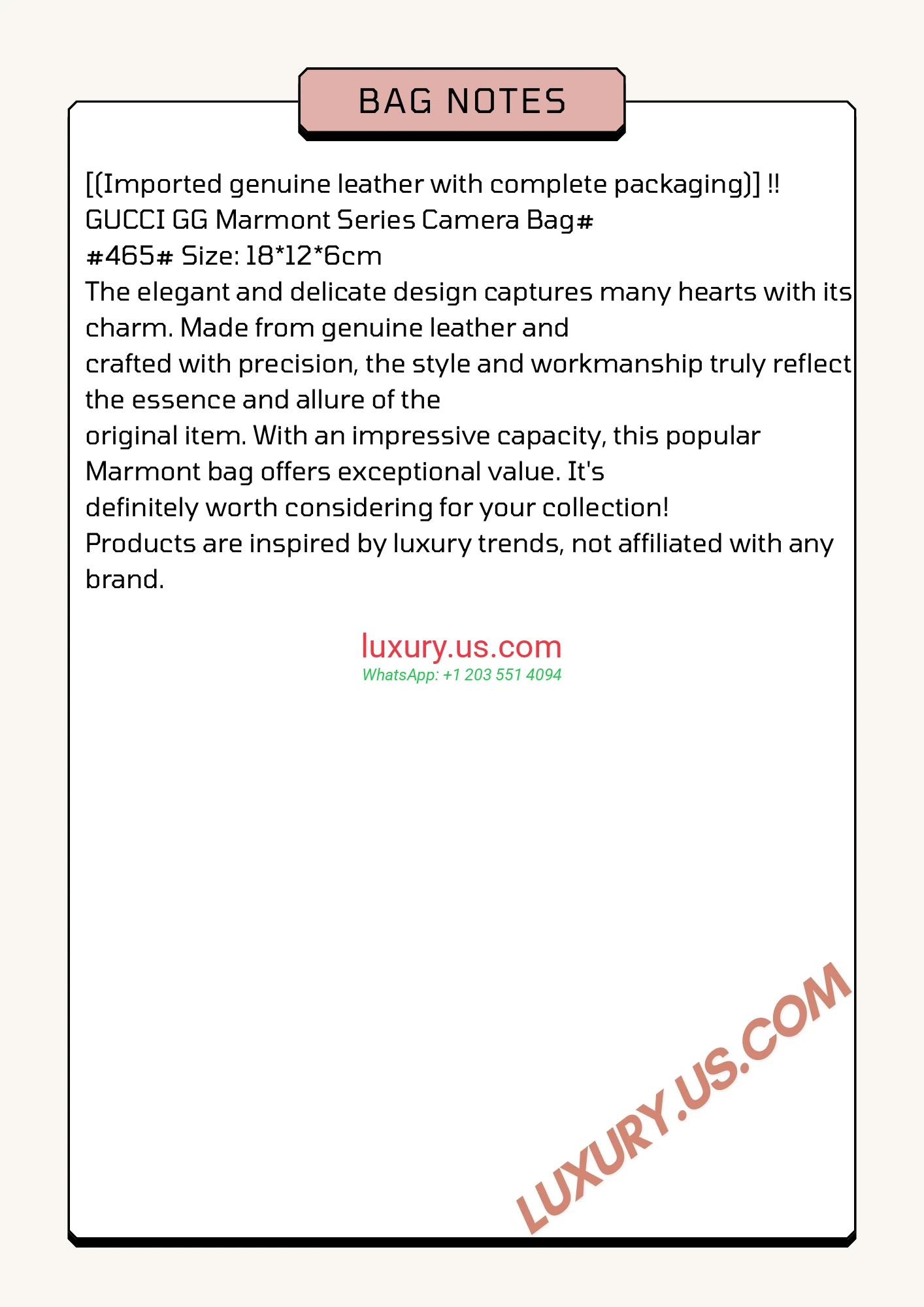GUCCI GG Marmont G465 18cm 18x12x6 cm - Replica Bag high-quality replicas, exquisite design, perfect details.