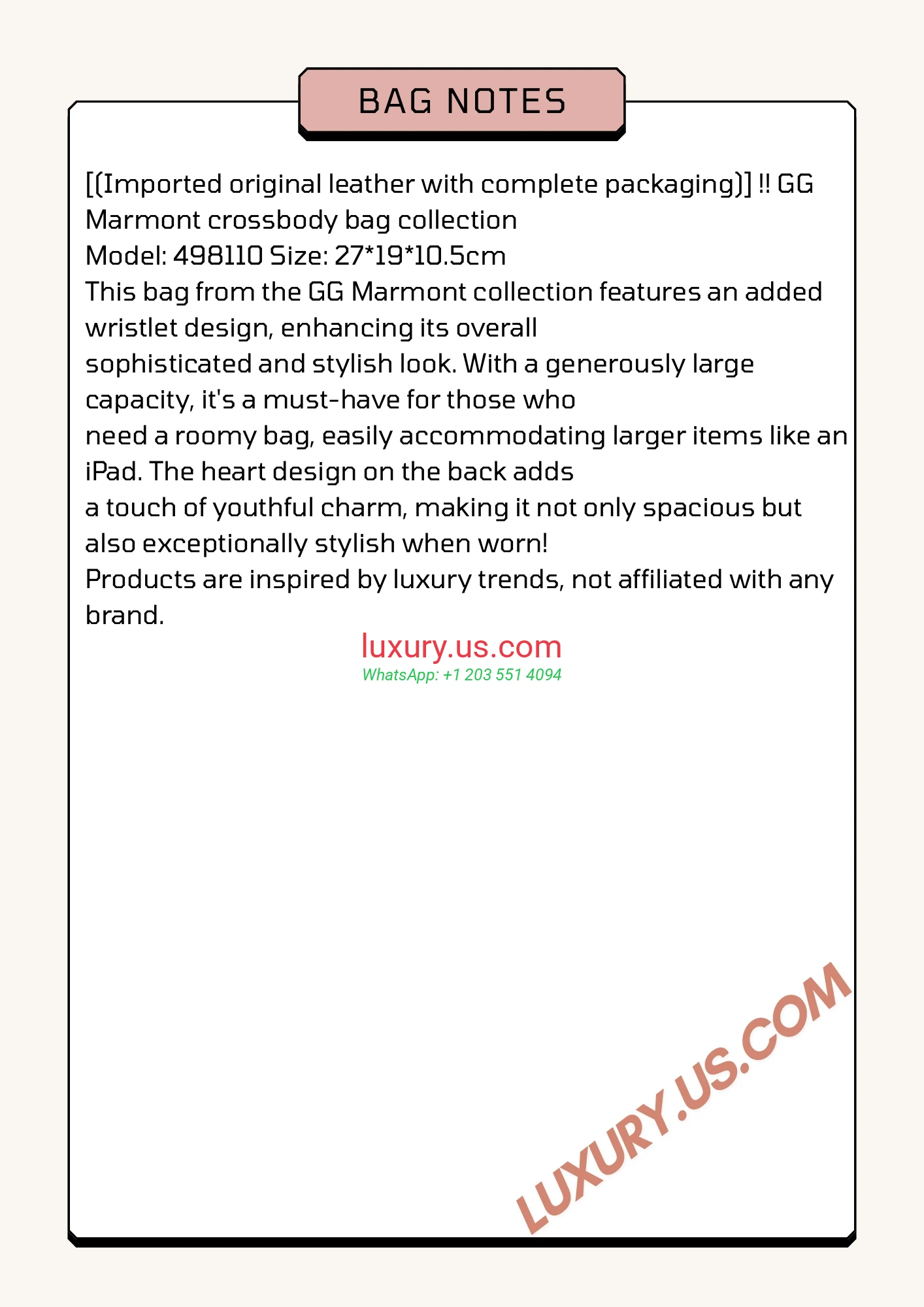 GUCCI GG Marmont G498110 Almond 27cm 27x19x10.5 cm - Replica Bag high-quality replicas, exquisite design, perfect details.