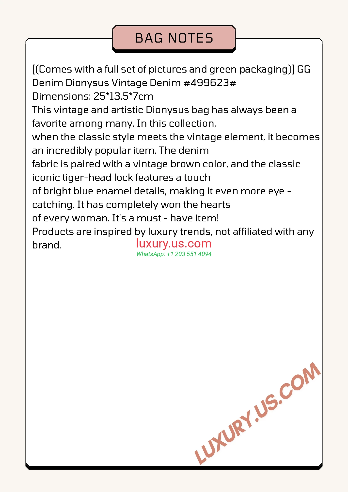 GUCCI Dionysus G499623 Retro 25cm 25x13.5x7 cm vintage brown, bright blue - Replica Bag high-quality replicas, exquisite design, perfect details.
