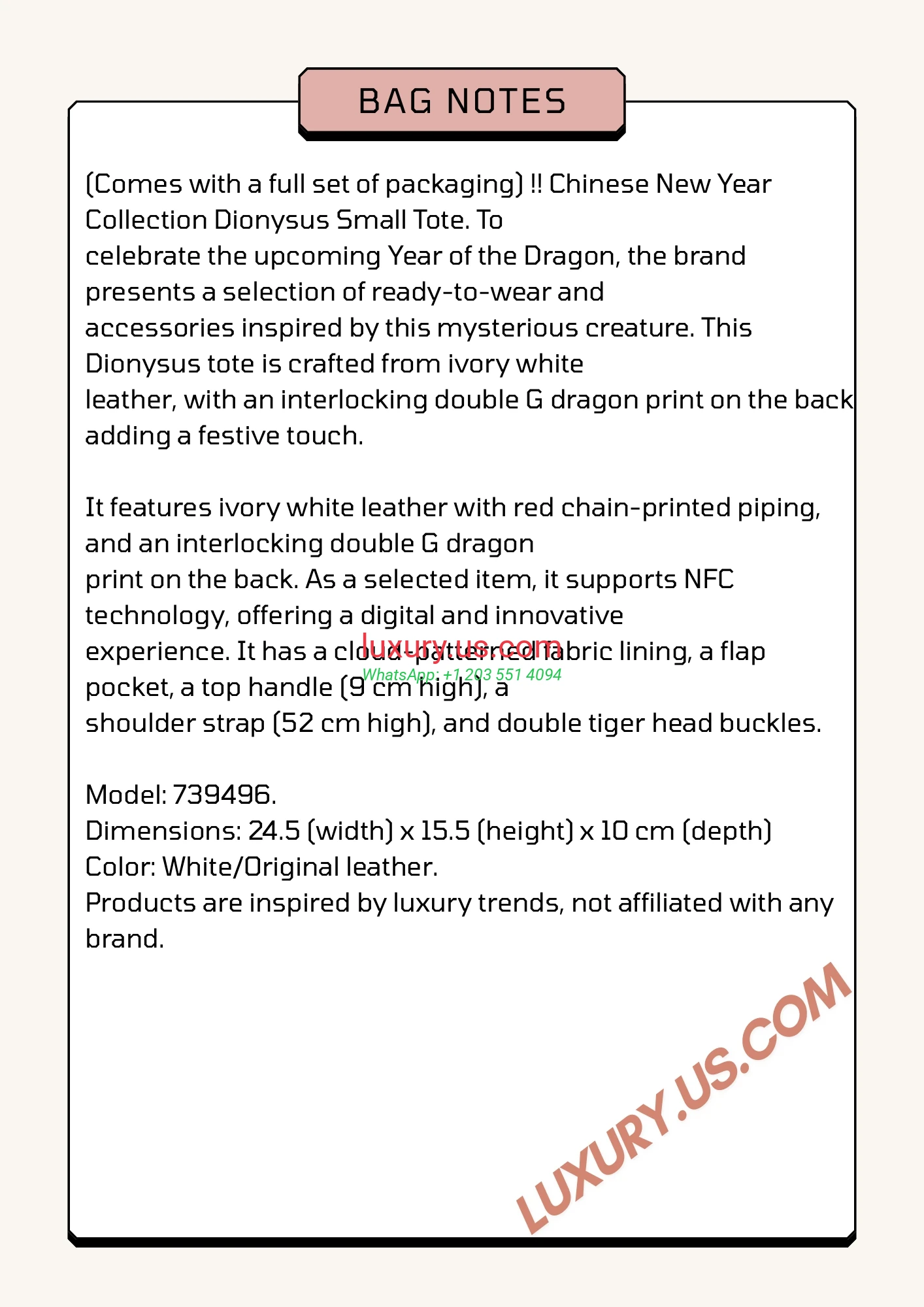 GUCCI Dionysus G739496 Ivory Leather 24.5cm 24.5x15.5x10 cm White/Original leather - Replica Bag high-quality replicas, exquisite design, perfect details.