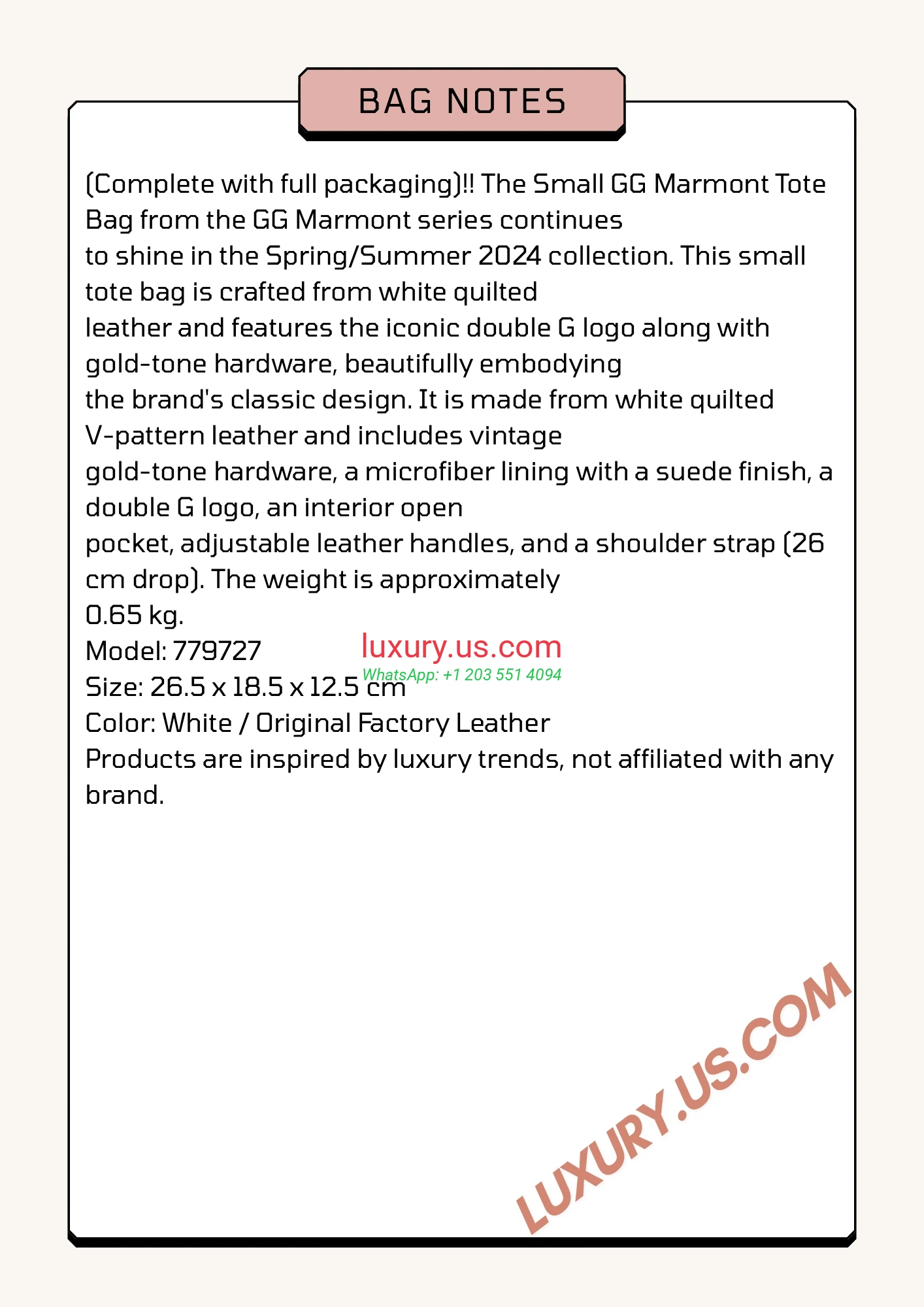 GUCCI GG Marmont G779727 White 26.5cm 26.5 x 18.5 x 12.5 cm White / Original Factory Leather - Replica Bag high-quality replicas, exquisite design, perfect details.