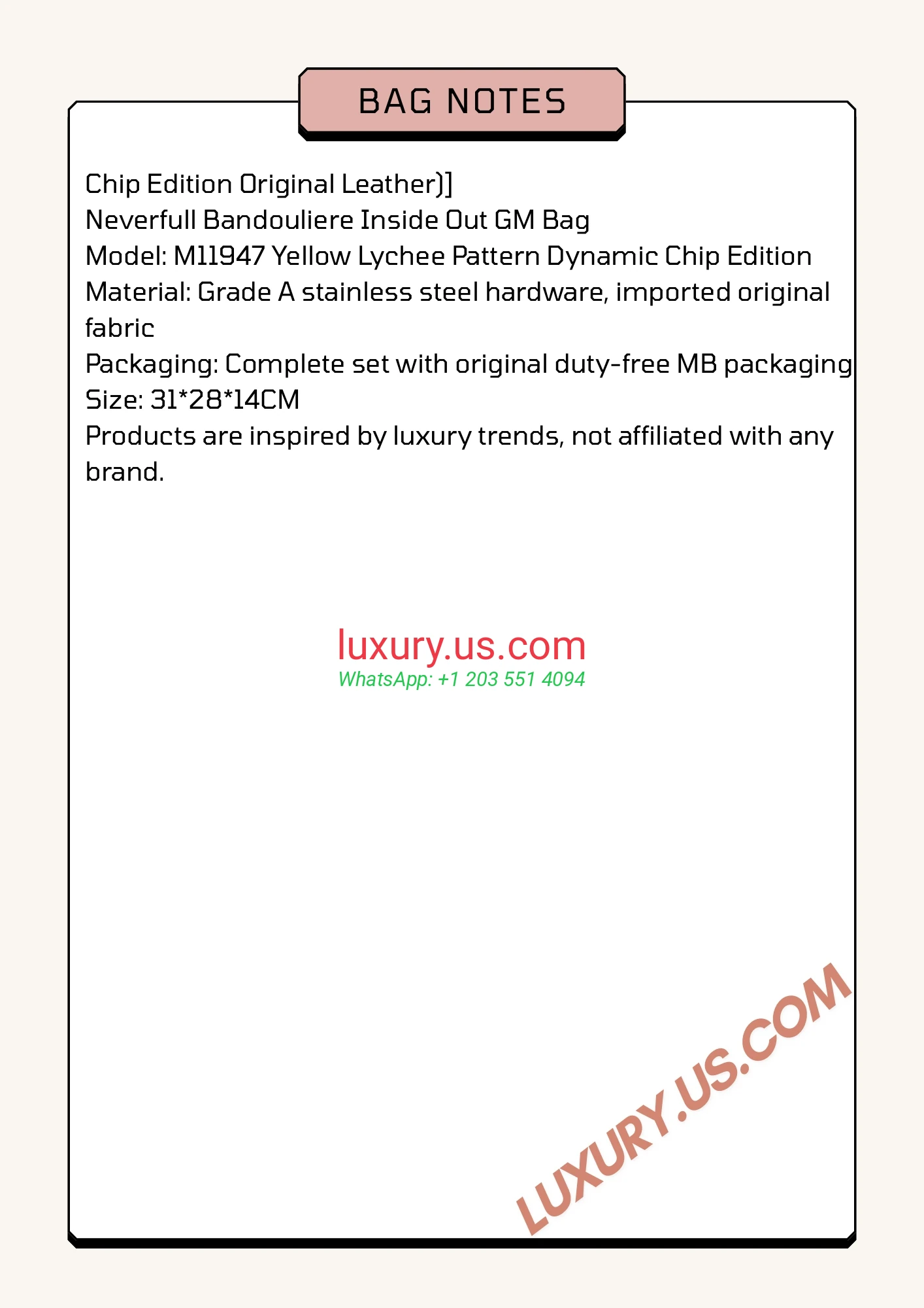 LOUISVUITTON Neverfull M11947 31x28x14 cm Yellow - Replica Bag high-quality replicas, exquisite design, perfect details.