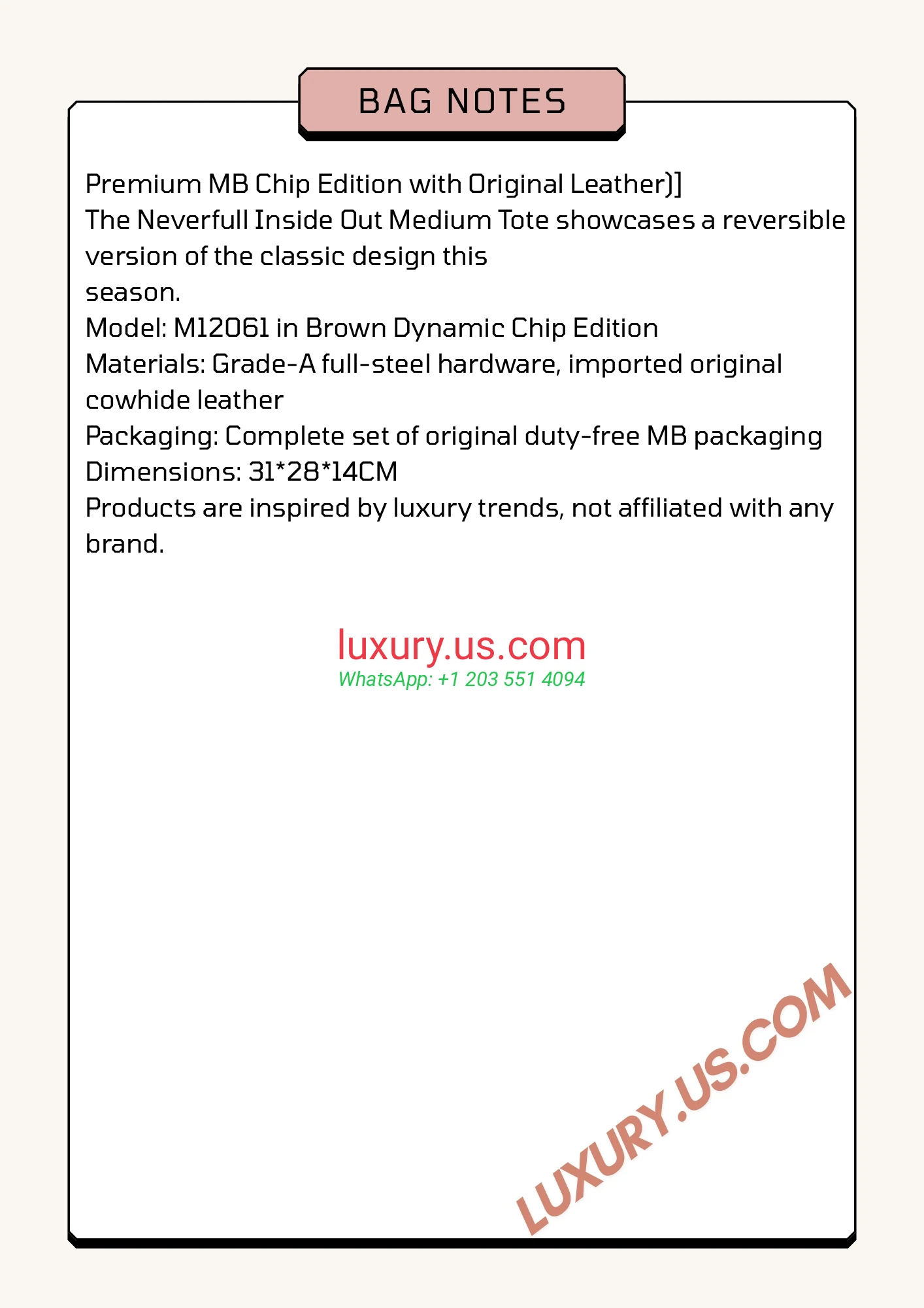 LOUISVUITTON Neverfull M12061 31x28x14 cm Brown - Replica Bag high-quality replicas, exquisite design, perfect details.