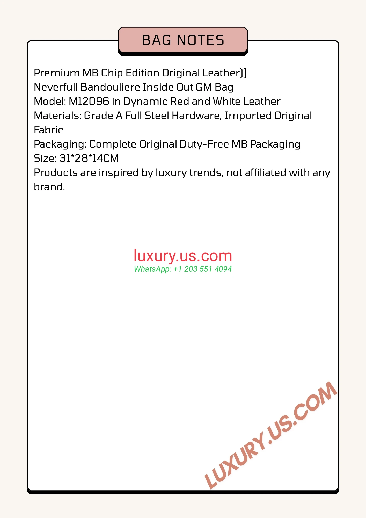 LOUISVUITTON Neverfull M12096 31x28x14 cm Dynamic Red and White - Replica Bag high-quality replicas, exquisite design, perfect details.