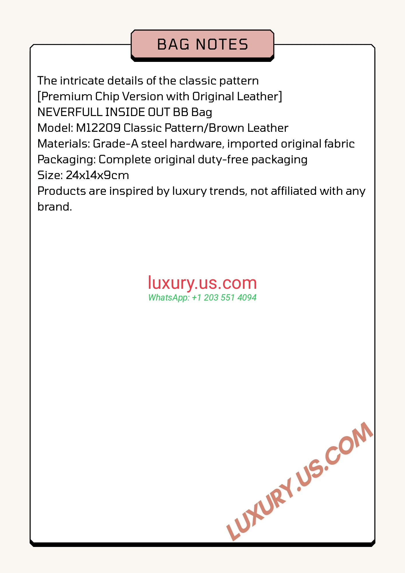 LOUISVUITTON Neverfull M12209 24x14x9cm Brown - Replica Bag high-quality replicas, exquisite design, perfect details.