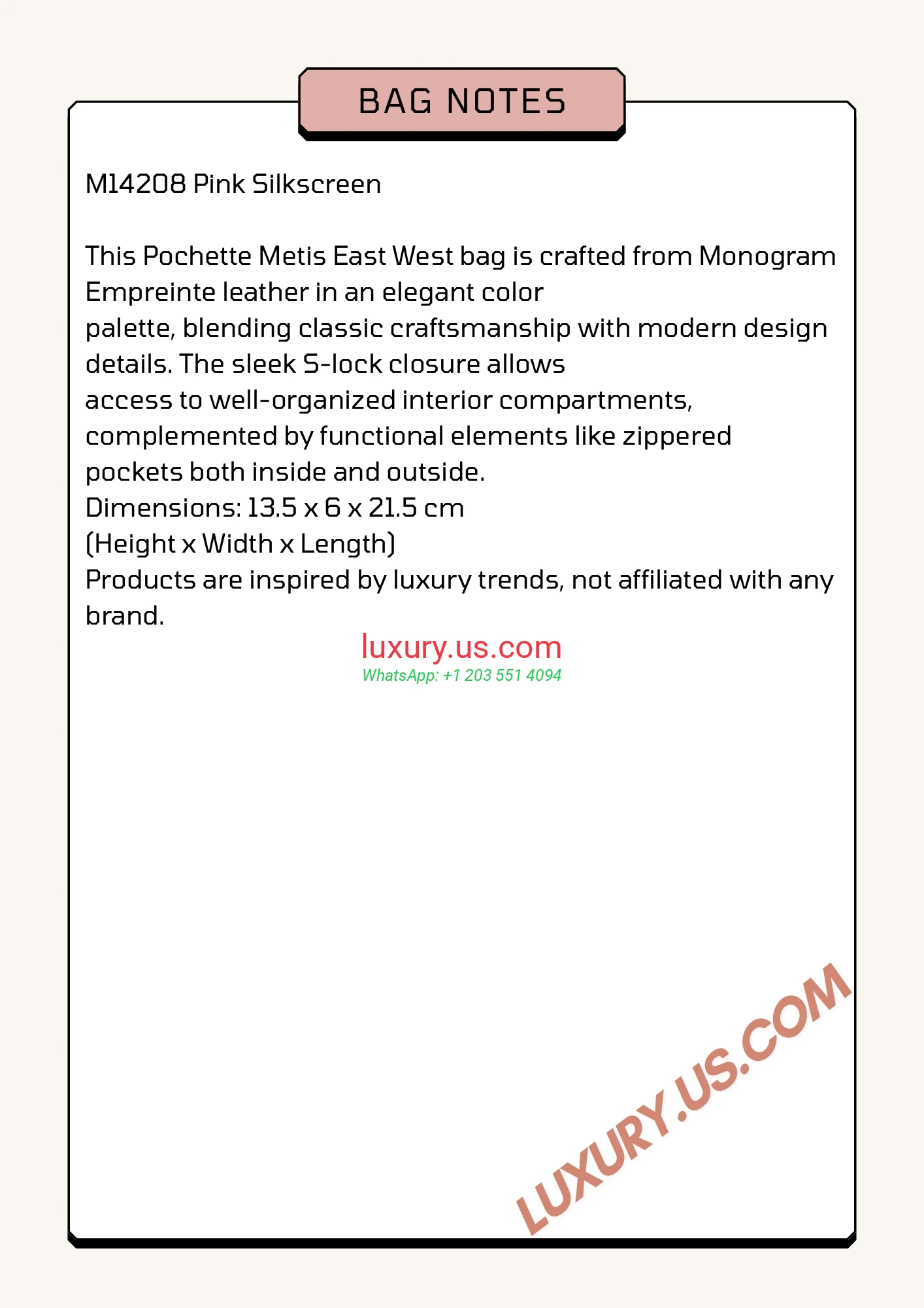 LOUISVUITTON Pochette M14208 13.5x6x21.5 cm Pink - Replica Bag high-quality replicas, exquisite design, perfect details.