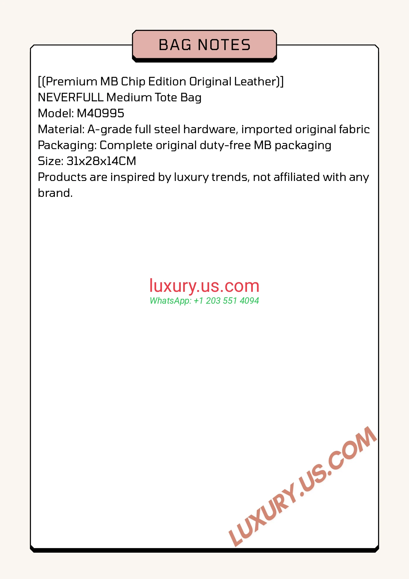 LOUISVUITTON Neverfull M40995 31x28x14 cm - Replica Bag high-quality replicas, exquisite design, perfect details.