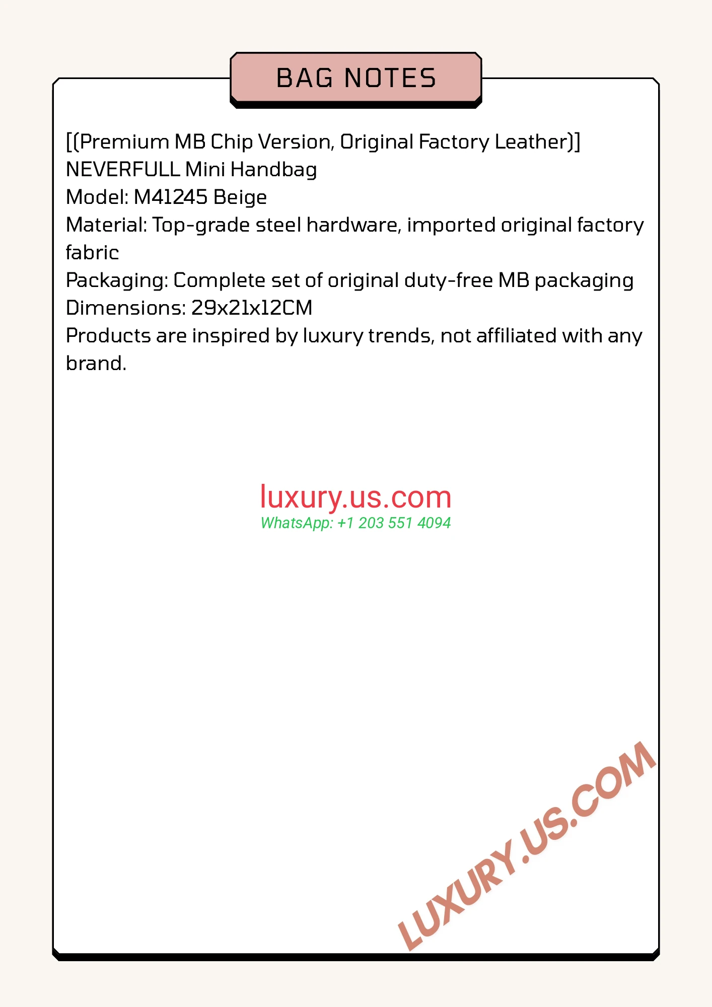 LOUISVUITTON Neverfull M41245 29x21x12 cm Beige - Replica Bag high-quality replicas, exquisite design, perfect details.
