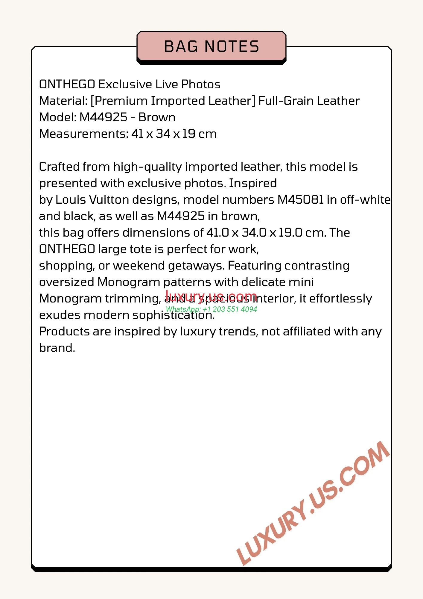 LOUISVUITTON OnTheGo M44925 41x34x19 cm Brown - Replica Bag high-quality replicas, exquisite design, perfect details.
