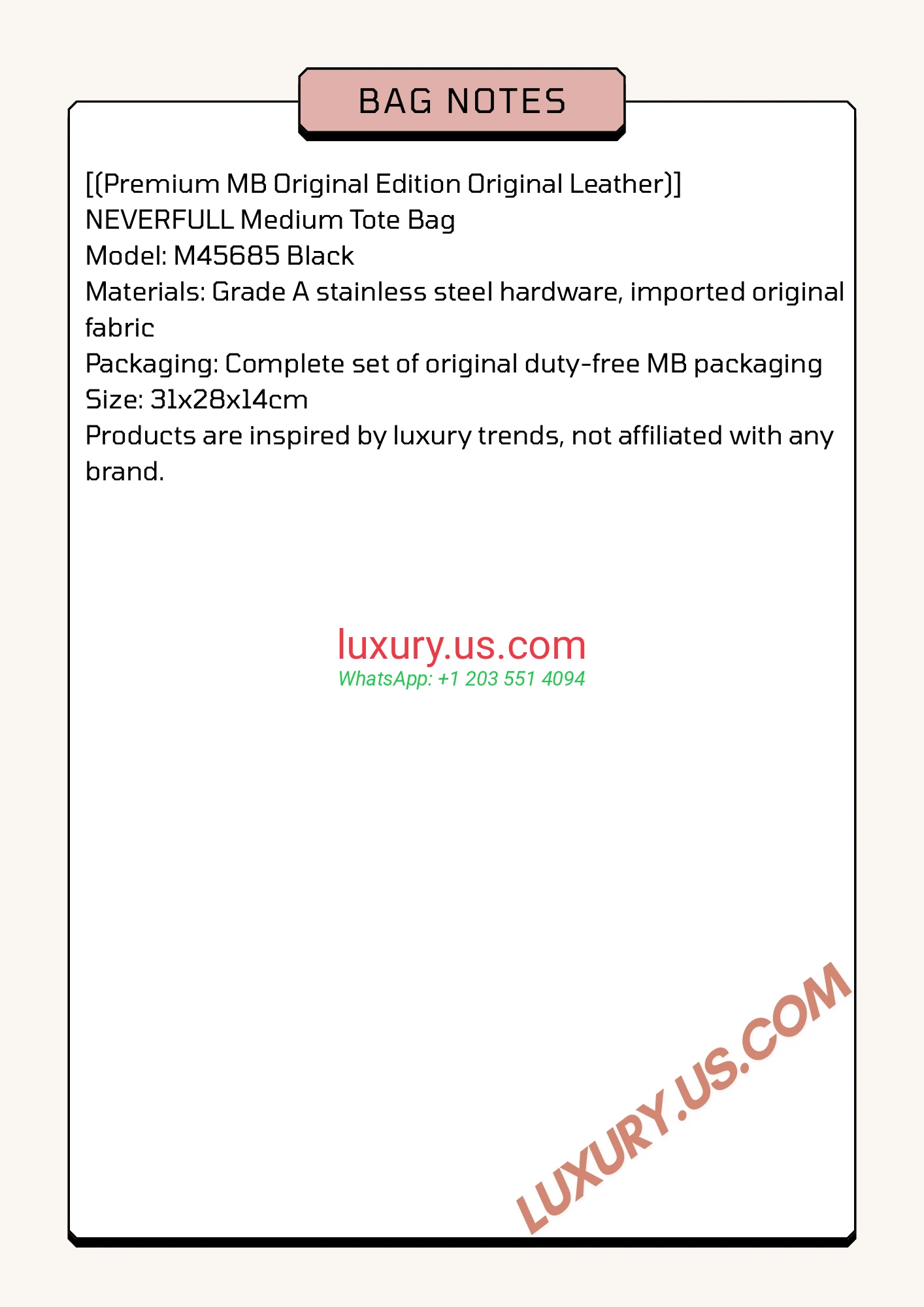LOUISVUITTON Neverfull M45685 31x28x14cm Black - Replica Bag high-quality replicas, exquisite design, perfect details.