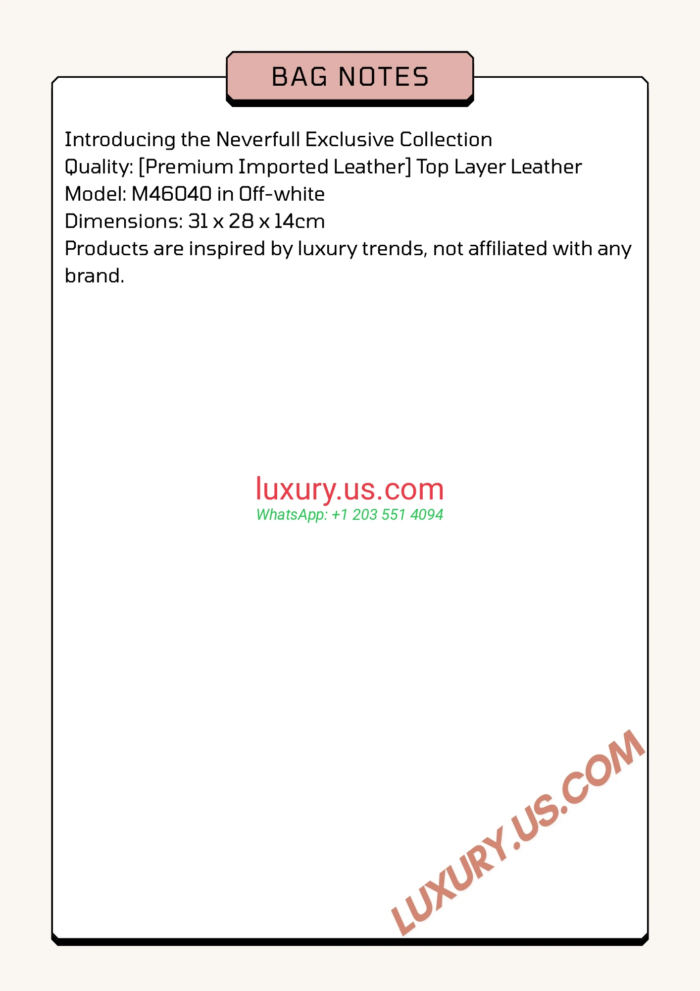 LOUISVUITTON Neverfull M46040 31x28x14 cm Off-white - Replica Bag high-quality replicas, exquisite design, perfect details. LOUISVUITTON Neverfull M46040 31x28x14 cm Off-white - Replica Bag high-quality replicas, exquisite design, perfect details.