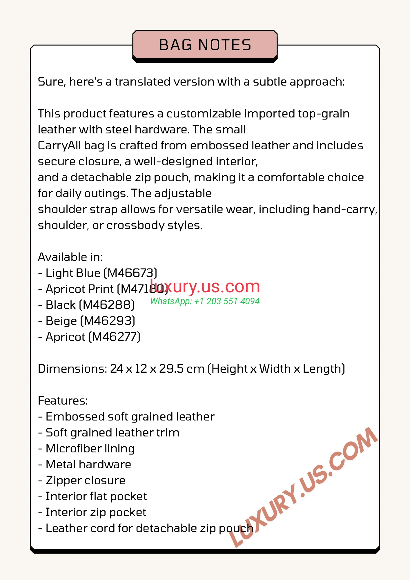 LOUISVUITTON CarryAll M46288 24 x 12 x 29.5 cm Light Blue, Apricot Print, Black, Beige, Apricot - Replica Bag high-quality replicas, exquisite design, perfect details. LOUISVUITTON CarryAll M46288 24 x 12 x 29.5 cm Light Blue, Apricot Print, Black, Beige, Apricot - Replica Bag high-quality replicas, exquisite design, perfect details.