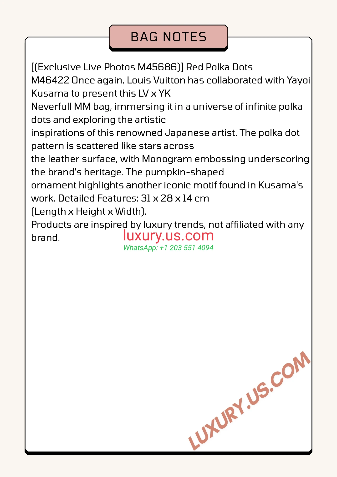 LOUISVUITTON Neverfull M46422 31x28x14 cm Red Polka Dots - Replica Bag high-quality replicas, exquisite design, perfect details.