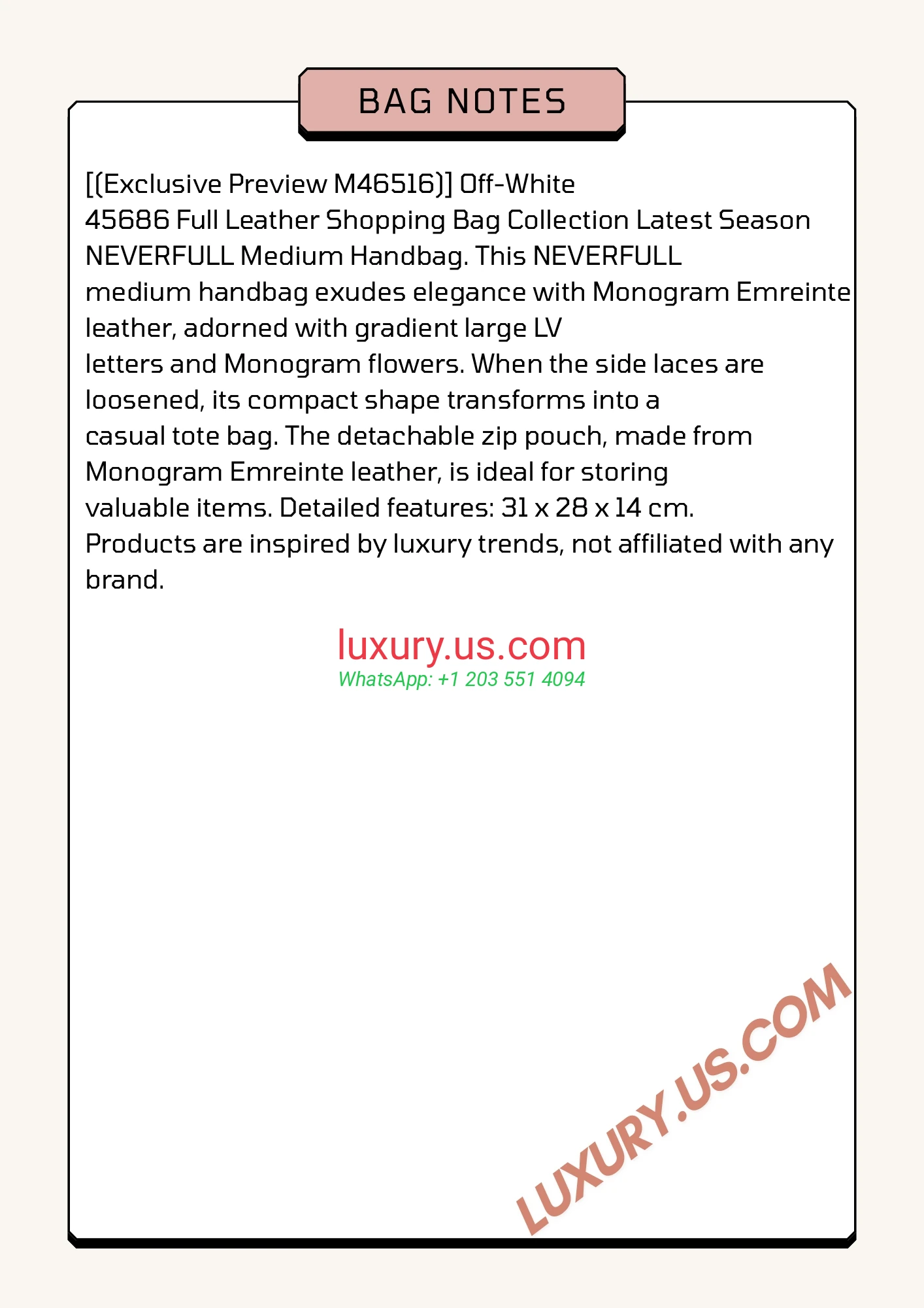 LOUISVUITTON Neverfull M46516 31x28x14 cm Off-White - Replica Bag high-quality replicas, exquisite design, perfect details.
