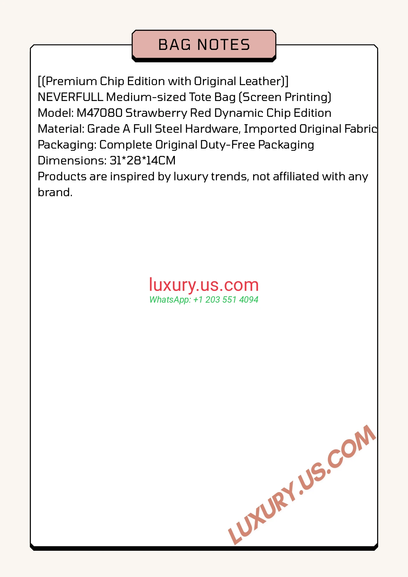 LOUISVUITTON Neverfull M47080 31x28x14 cm Strawberry Red - Replica Bag high-quality replicas, exquisite design, perfect details.