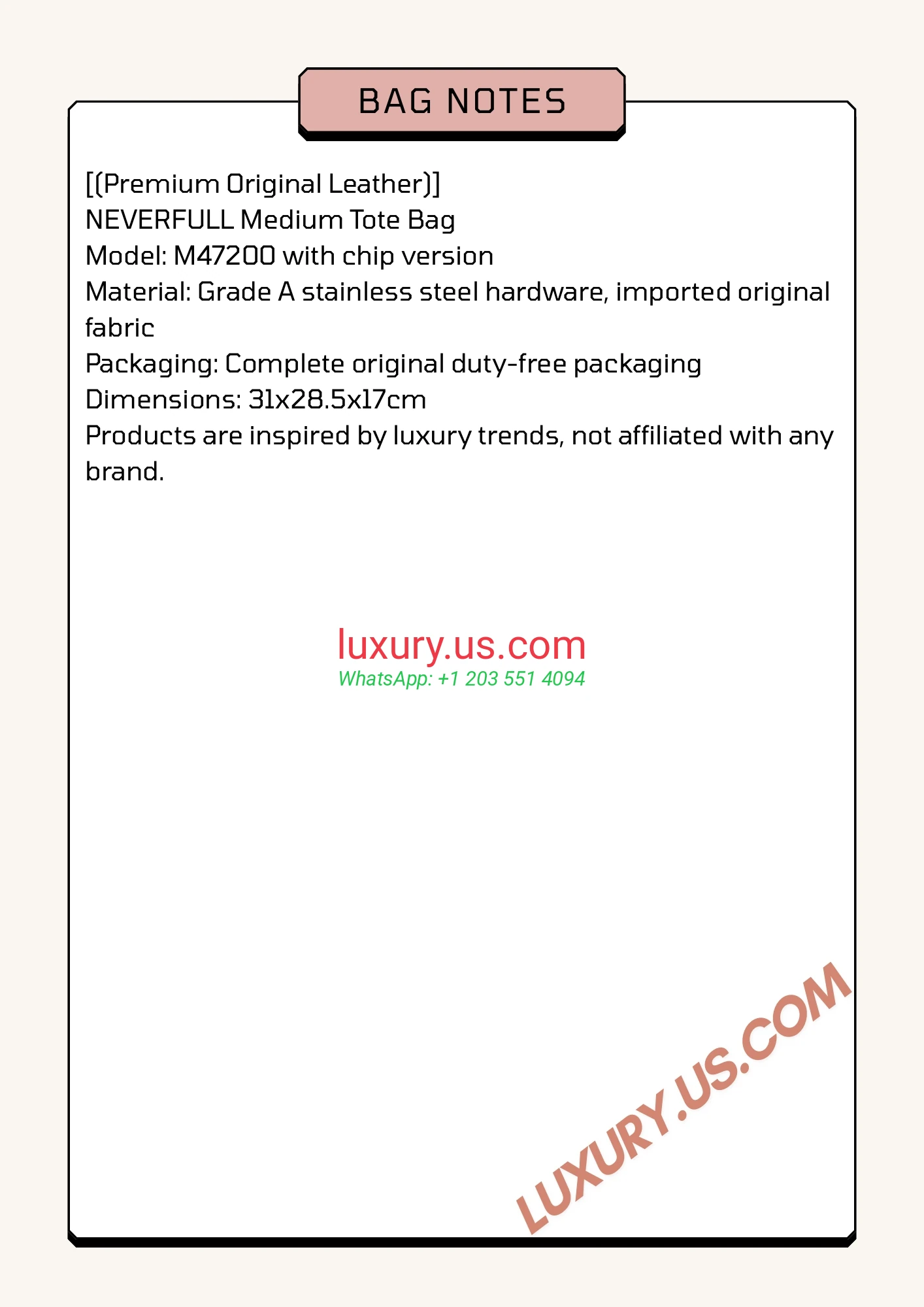 LOUISVUITTON Neverfull M47200 31x28.5x17cm - Replica Bag high-quality replicas, exquisite design, perfect details.