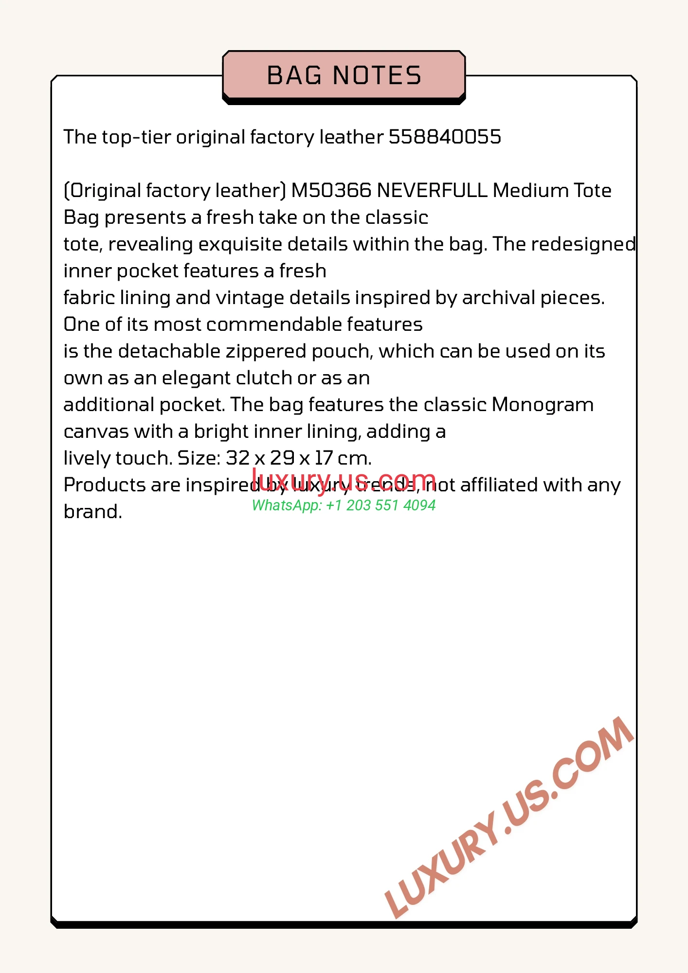 LOUISVUITTON Neverfull M50366 32x29x17 cm - Replica Bag high-quality replicas, exquisite design, perfect details.