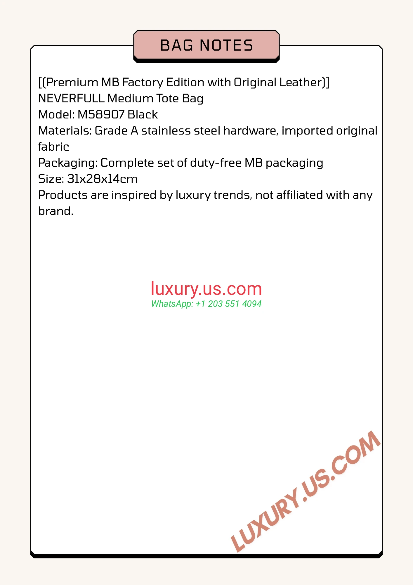 LOUISVUITTON Neverfull M58907 31x28x14 cm Black - Replica Bag high-quality replicas, exquisite design, perfect details.