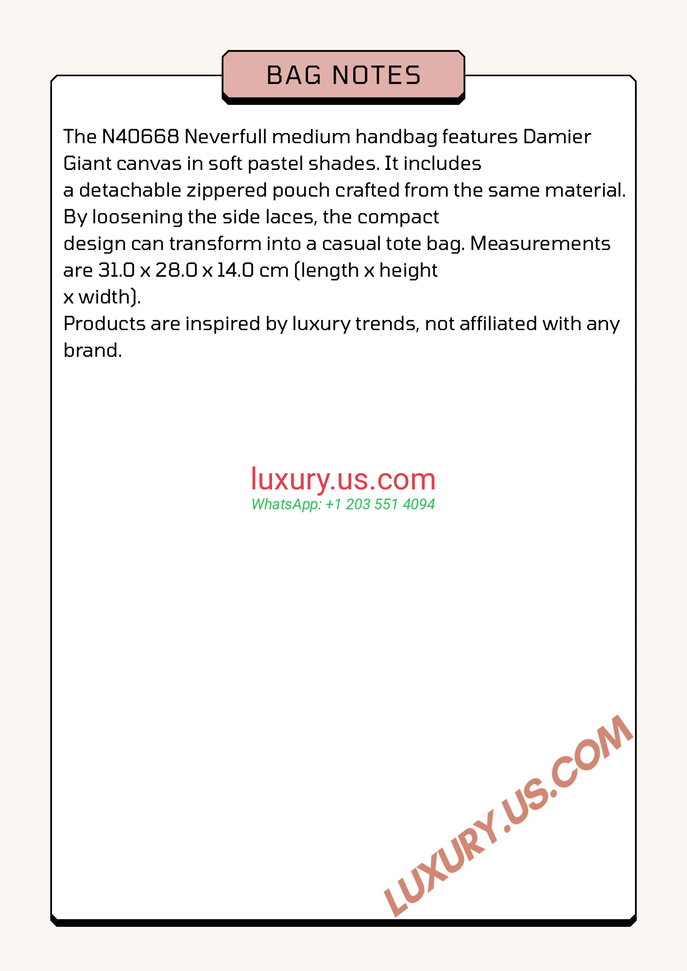 LOUISVUITTON Neverfull N40668 31.0x28.0x14.0 cm soft pastel shades - Replica Bag high-quality replicas, exquisite design, perfect details.