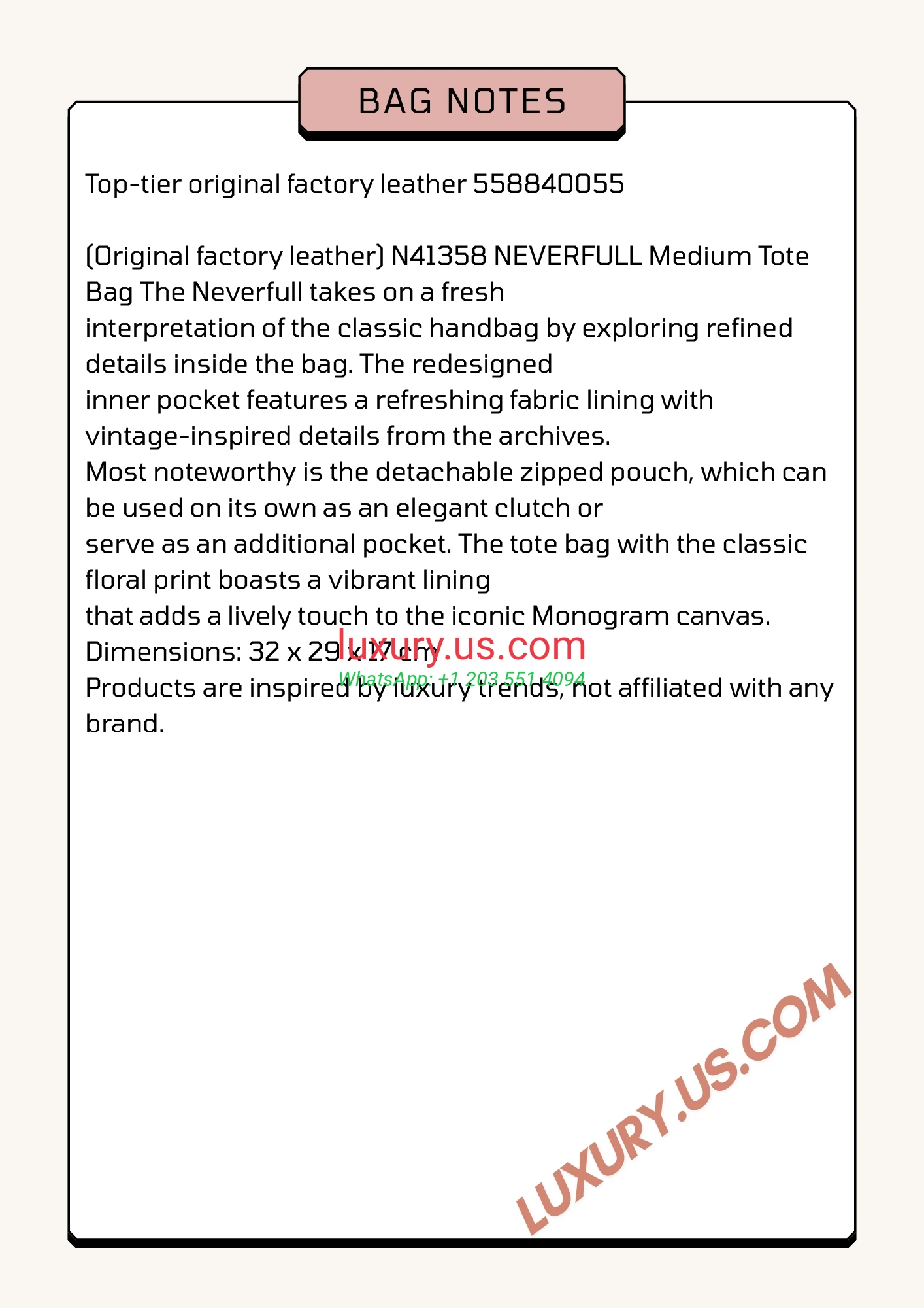 LOUISVUITTON Neverfull N41358 32x29x17 cm - Replica Bag high-quality replicas, exquisite design, perfect details.