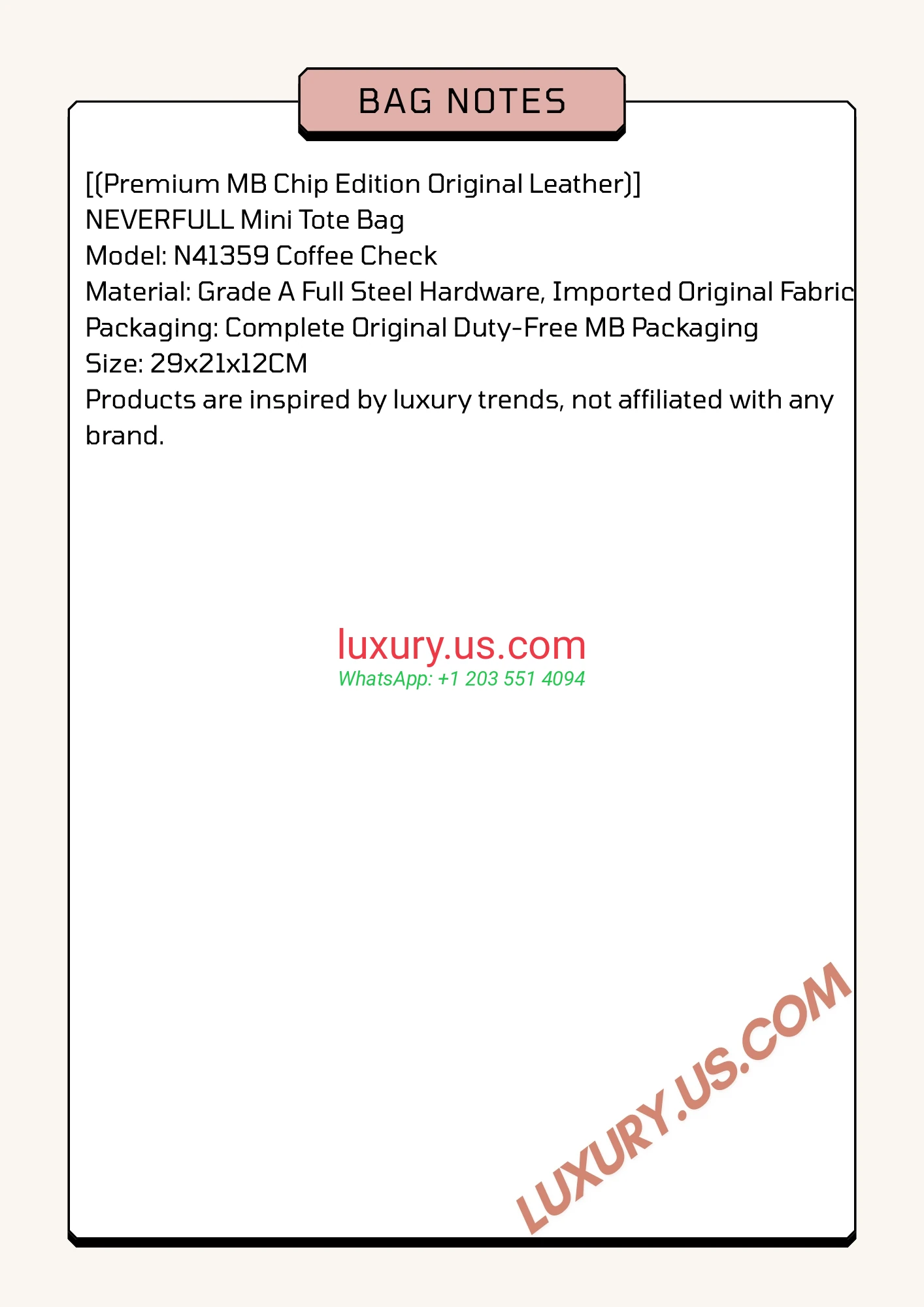 LOUISVUITTON Neverfull N41359 29x21x12 cm - Replica Bag high-quality replicas, exquisite design, perfect details.